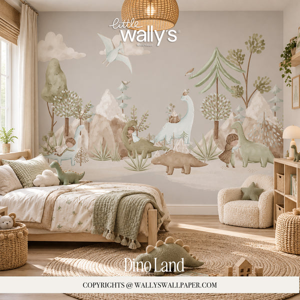 Dino Land dinosaur wallpaper mural in a neutral kids bedroom with natural wood furniture by Wally's Wallpaper.