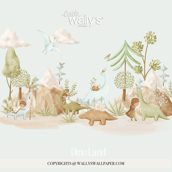 Dino Land kids wallpaper featuring pastel watercolor dinosaurs, mountains, trees and playful children on a beige background.