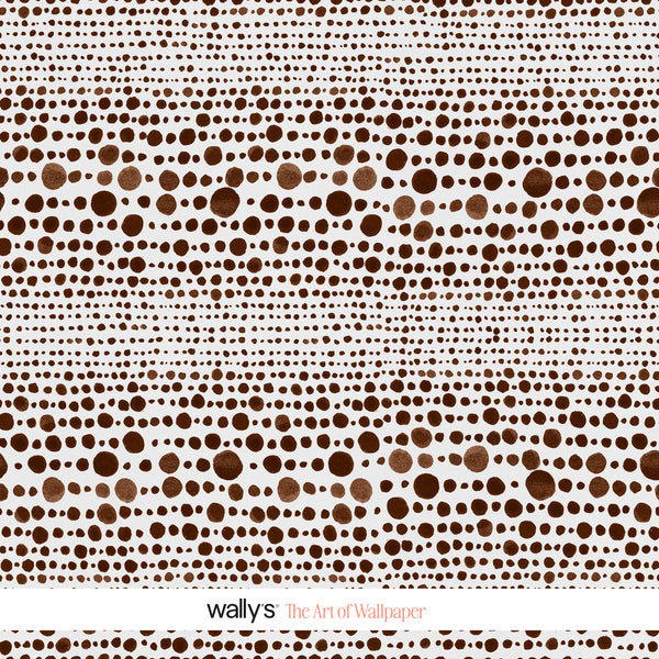 A repeating pattern of hand-drawn brown dots in varying sizes on a white background, with the text 'wallys The Art of Wallpaper' at the bottom.