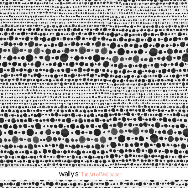 Black and white abstract wallpaper pattern featuring dense horizontal bands of hand-drawn black dots of varying sizes on a white background, with 'wallys The Art of Wallpaper' text at the bottom.