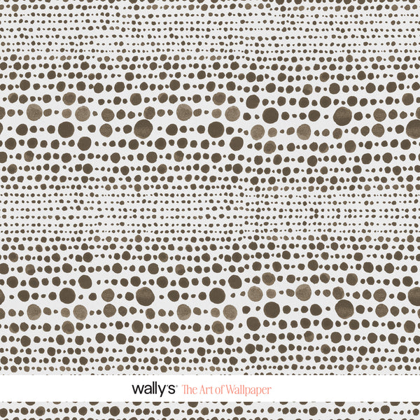 A repeating pattern of hand-drawn brown dots in varying sizes on a white background, with the text 'wallys The Art of Wallpaper' at the bottom.