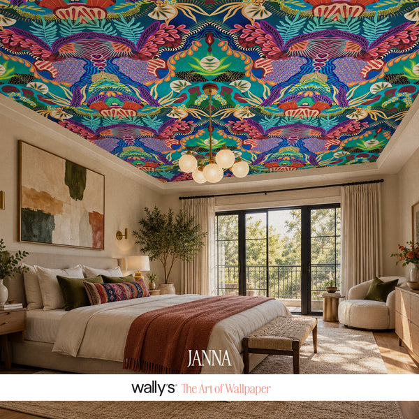 Janna tropical wallpaper installed on a living room ceiling