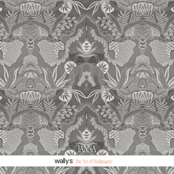 Janna wallpaper by Wally's in the Grey colourway, a hand-painted tropical pattern in grey tones