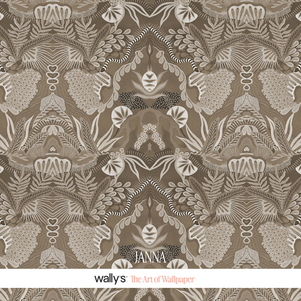Janna wallpaper by Wally's in the Sepia colourway, a warm-toned hand-painted tropical pattern