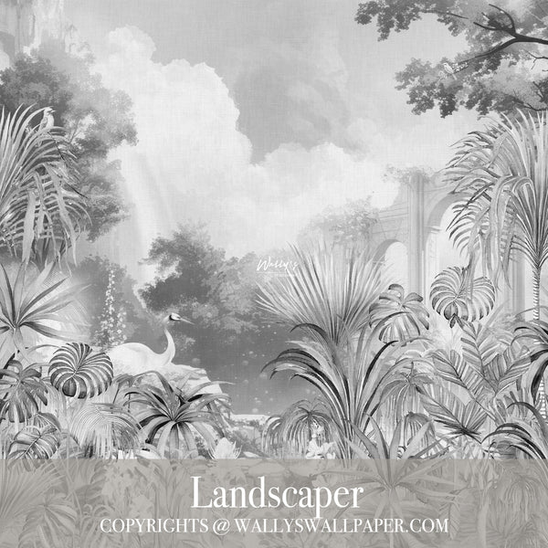 Vintage landscape wallpaper mural of a jungle landscaper, perfect for a garden of trees and flamingo with some birds  setting. Top choice in Egypt.