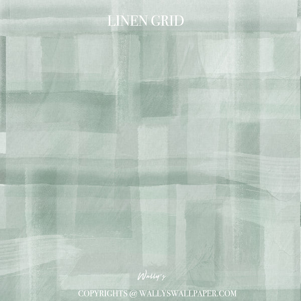A square wallpaper sample titled 'LINEN GRID' by Wally's, featuring a soft, abstract linen-like pattern in muted sage green, gray, and off-white tones.