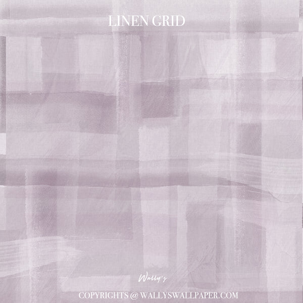 A square wallpaper sample titled 'LINEN GRID' by Wally's, featuring a soft lavender and light gray abstract grid pattern with a linen-like texture.