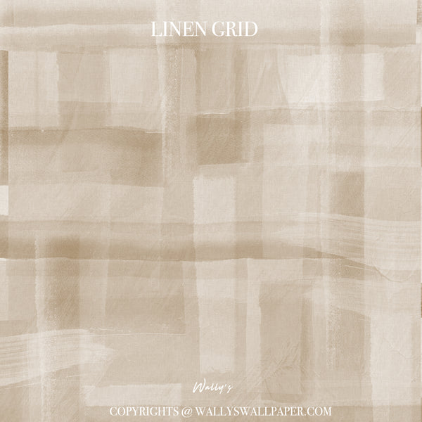 Beige and tan linen-style wallpaper pattern with a subtle grid overlay and soft brushstroke texture. The text 'LINEN GRID' appears at the top, and 'Wally's' with copyright text is at the bottom.