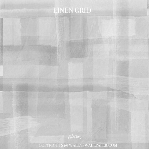 Beige and tan linen-style wallpaper pattern with a subtle grid overlay and soft brushstroke texture. The text 'LINEN GRID' appears at the top, and 'Wally's' with copyright text is at the bottom.