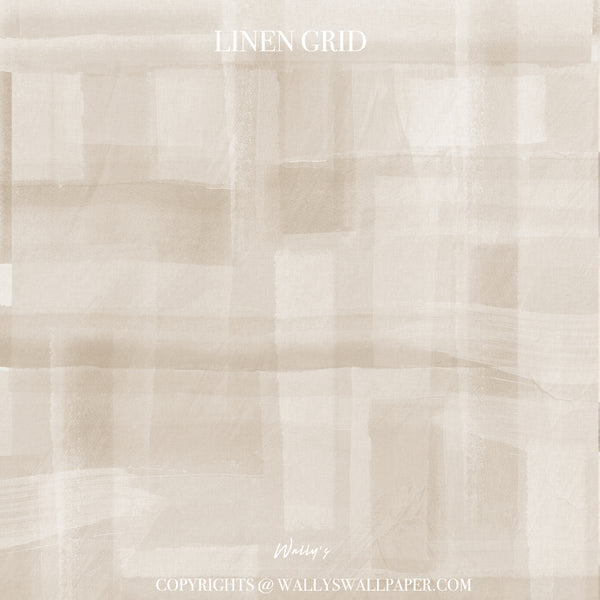Beige and tan linen-style wallpaper pattern with a subtle grid overlay and soft brushstroke texture. The text 'LINEN GRID' appears at the top, and 'Wally's' with copyright text is at the bottom.