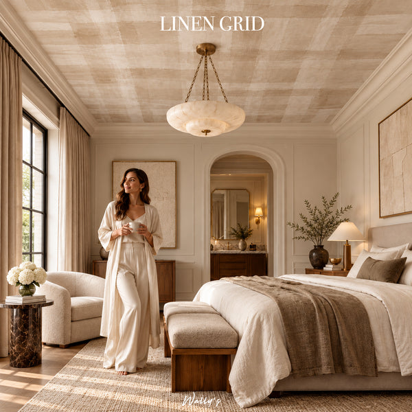 A woman in a cream robe stands in a beautifully styled bedroom with a textured linen ceiling and matching neutral bedding. The text 'LINEN GRID' is displayed at the top, and a 'Baker's' logo is visible at the bottom.
