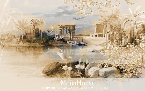 Wallpaper mural of Egypt with temple and birds and palm trees with earth tones colors perfect solutions for interior designers and home owners best wallpaper quality in Middle East i