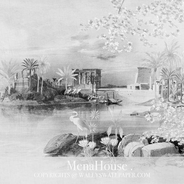 Wallpaper mural of Egypt with temple and birds and palm trees with earth tones colors perfect solutions for interior designers and home owners best wallpaper quality in Middle East i