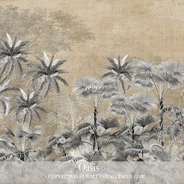 Middle East wallpaper, wallpaper of palm trees in Grey color on Vintage yellow background, also grey, sepia color , Custom Wallpaper  