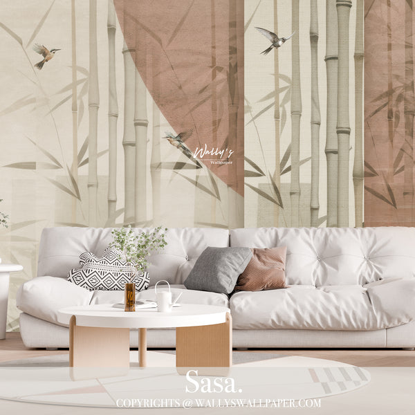 bamboo wall mural composition of bamboo branches with some birds adding on abstract design with red circles, come in varies of colors of green, beige,red,blue,grey perfect for interior design, wallpaper trends 2024, best wallpaper quality in Egypt and Middle East 