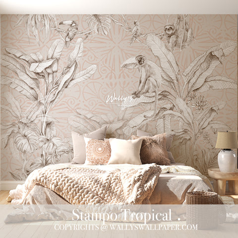 wallpaper design in front of bed or sofa of charcoal tropical elements with deco background, Tropical Trees, with parrots and monkey perfect solution for interior design , best wall covering in Egypt ad Middle East