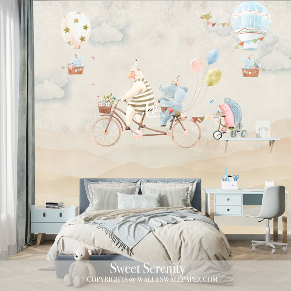 Kids wallpaper of a sheep and elephant and hetch hog ridding a bike with gallons and hotairballons , with Blue elephants , some flowers, and cute duck on a mountain background infant of nursery bed ,kids room decor, best wallpaper quality in Egypt and Dubai , durable wallpaper, custom wall murals, wallcovering 