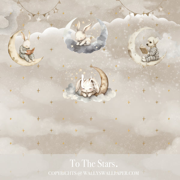 wallp[aper for nursery room with cute bunnies and dog over the moon with stars and clouds comes in 3 colors , Grey, Beige, Pink , blue perfect wallpaper for kids rooms , best wall mural quality in Egypt and Middle East 