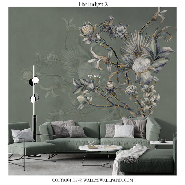 Luxury botanical wallpaper mural with birds and floral design in soft green and gold tones for elegant modern interiors in Egypt