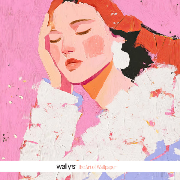 A stylized painted portrait of a woman with closed eyes, rendered in pink, coral, white, black, and peach tones. The artwork fills the frame, with a white band at the bottom containing the text 'wallys The Art of Wallpaper'.