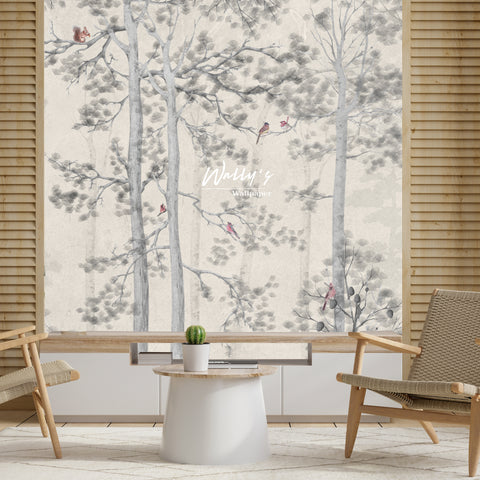 wall covering design to fit any interior of pine trees with birds, comes in varies of colors , grey, pink, beige,red,black,green perfect wallpaper best wallpaper quality in Egypt and Middle East 