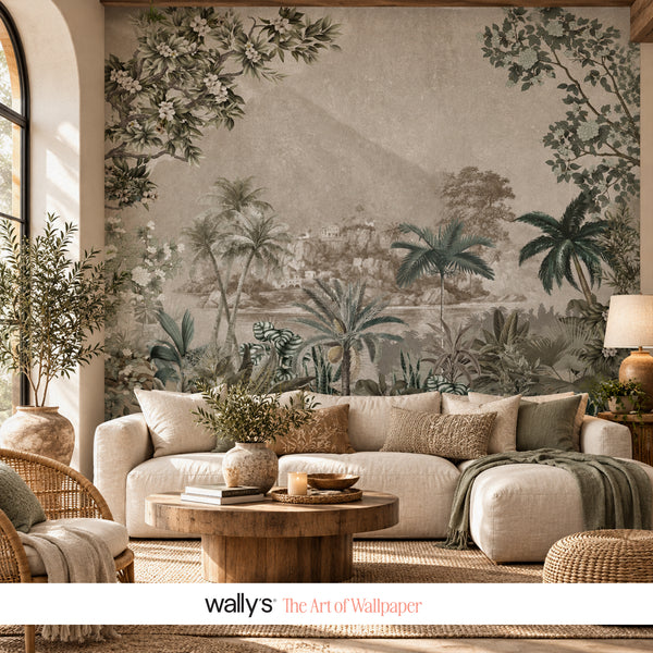 Blush Botanica botanical wallpaper in an elegant living room interior