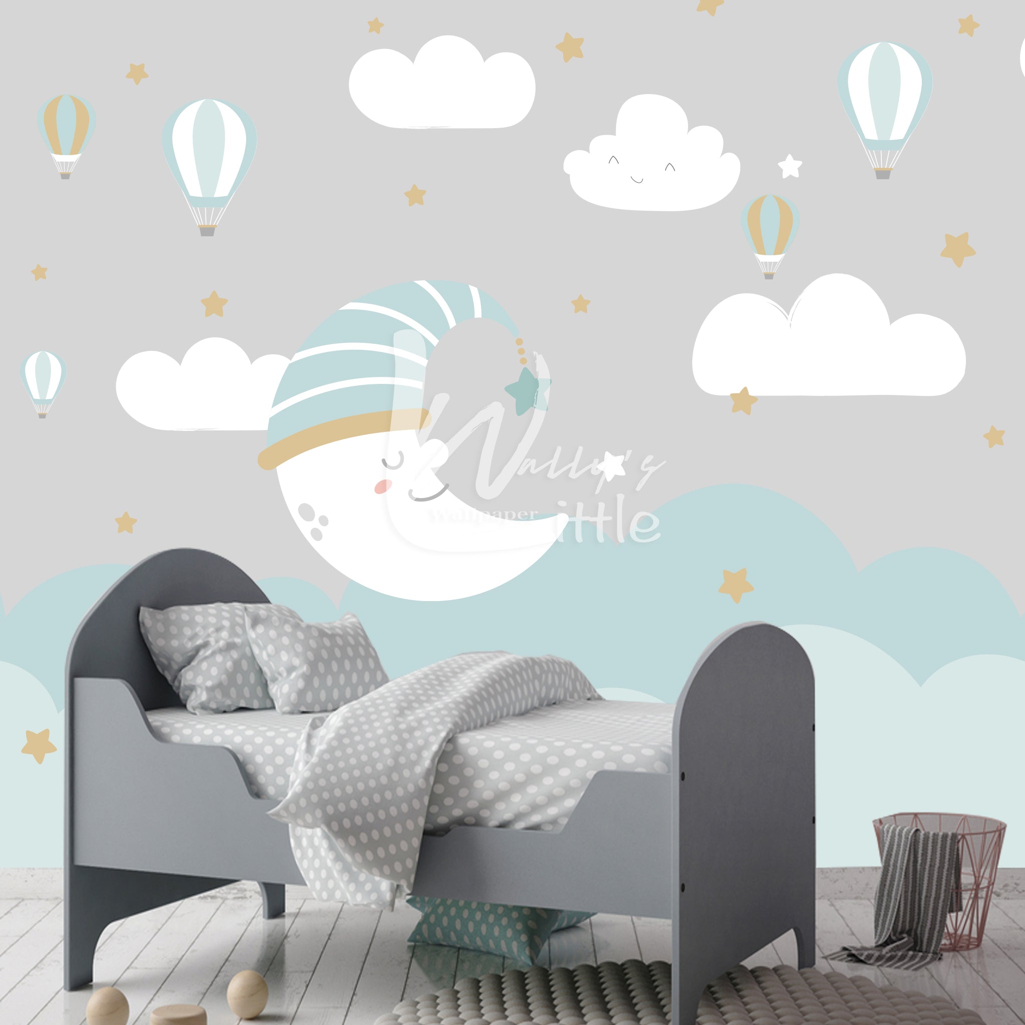 wallpaper for kids a cute moon over the clouds comes in blue and white and pink in front of a bed in a kids room great solutions for interior  
