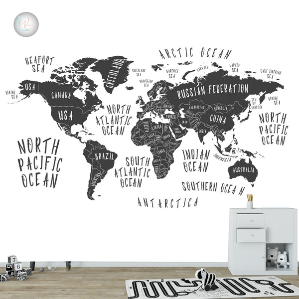 wallpaper of world map in black and white , perfect for interior design , best wallpaper quality in Egypt 
