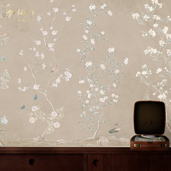 Chinoiserie design wallpaper of tree Flowers in a background beige perfect solution for interior design best wallpaper quality in Middle East 