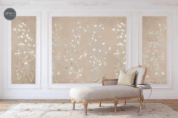 Chinoiserie design wallpaper of tree Flowers in a background beige perfect solution for interior design best wallpaper quality in Middle East 