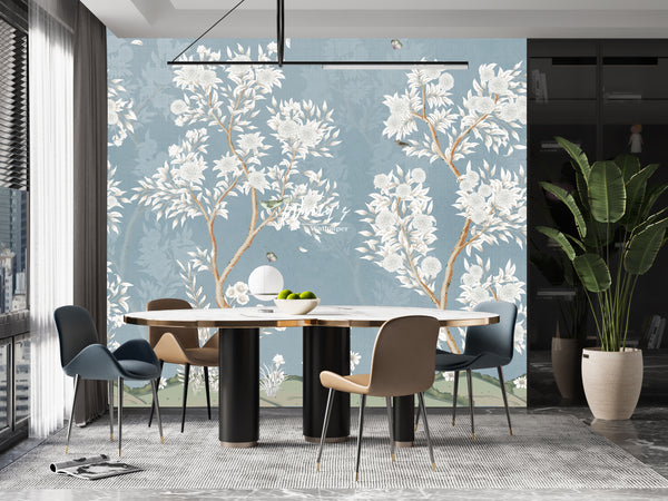 tree garden with birds chinoiserie wallpaper in front of dining perfect solutions for interior design trends 24 