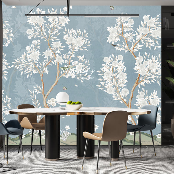 tree garden with birds chinoiserie wallpaper in front of dining perfect solutions for interior design trends 24 
