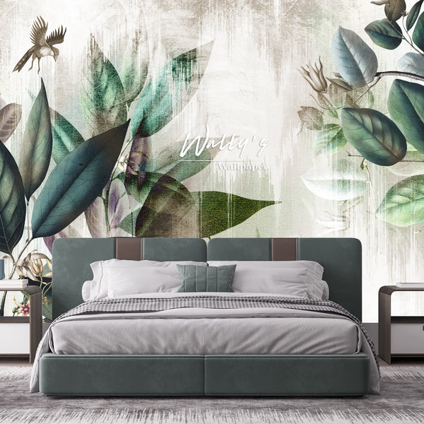 bold leaves wallpaper with birds 