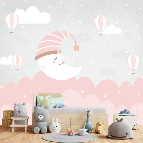 wallpaper for kids a cute moon over the clouds comes in blue and white and pink in front of a bed in a kids room great solutions for interior  
