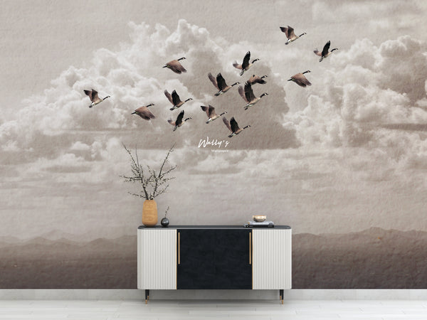 Flying geese wallpaper with clouds in beige colors best wallpaper quality in Middle East 